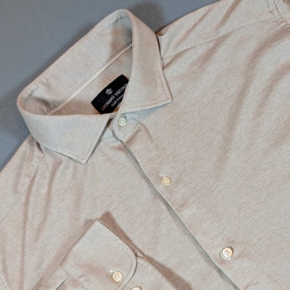 LUCHIANO VISCONTI Mens Heathered Tan Button Up Shirt Tessuto Italiano Size XXL‎